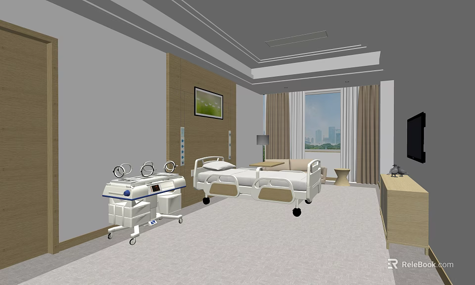 Modern Hospital Room Interior With Medical Bed Equipment Window And TV Cabinet 3d model 