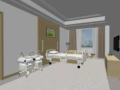 Modern Hospital Room Interior With Medical Bed Equipment Window And TV Cabinet 3d model