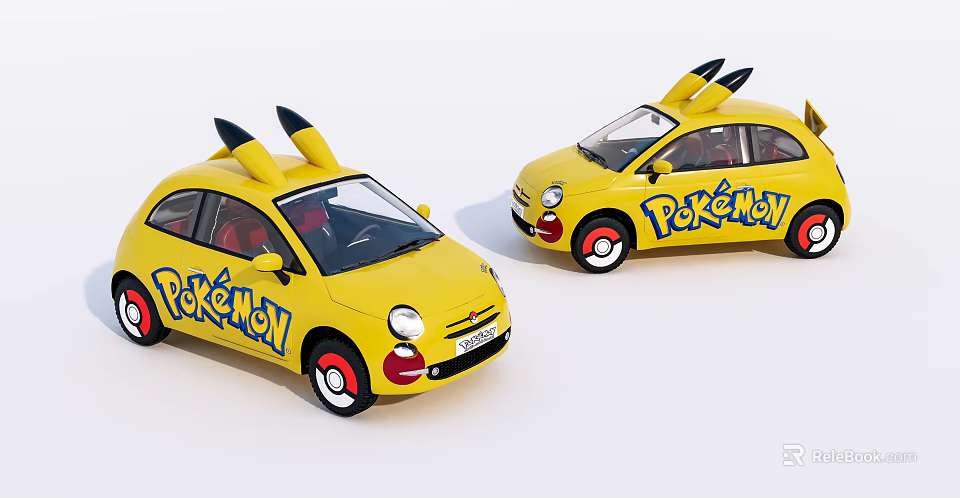 Yellow Pokémon Themed Cars with Pikachu Ears Design and Pokémon Logos on Yellow Body 3d model 