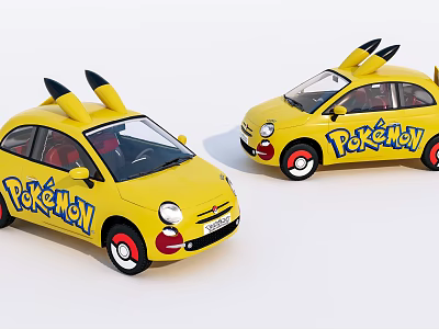 Yellow Pokémon Themed Cars with Pikachu Ears Design and Pokémon Logos on Yellow Body 3d model