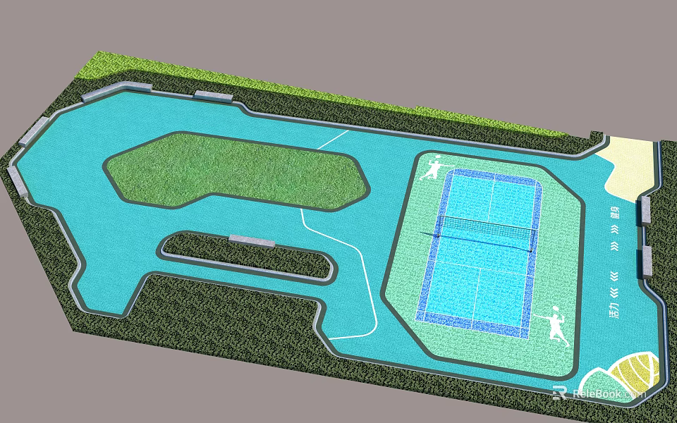 Outdoor Playground Equipment Featuring Swimming Pool Tennis Court And Lawn Area 3d model 