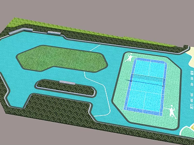 Outdoor Playground Equipment Featuring Swimming Pool Tennis Court And Lawn Area 3d model