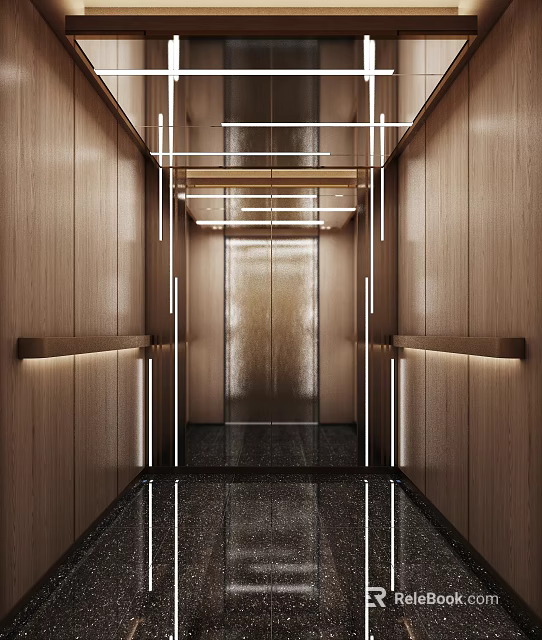 Modern Elevator Lobby With Wooden Walls Ambient Lighting And Polished Dark Floor 3d model 