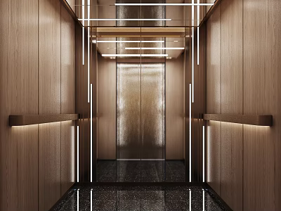 Modern Elevator Lobby With Wooden Walls Ambient Lighting And Polished Dark Floor 3d model