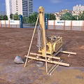 Construction Site With Yellow Pile Driver And High Rise Buildings Under Blue Sky