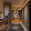 Traditional Japanese Restaurant Interior With Wooden Floors Hanging Pendant Lights And Green Plants