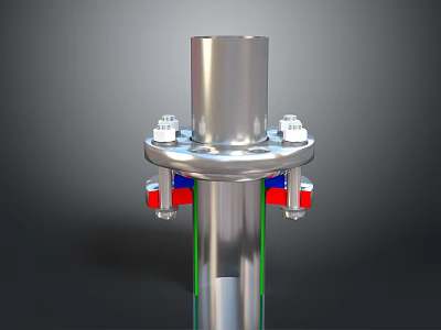 Metallic Mechanical Component Featuring Cylindrical Body Bolted Red Blue Sections And Green Lines 3d model