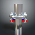 Metallic Mechanical Component Featuring Cylindrical Body Bolted Red Blue Sections And Green Lines