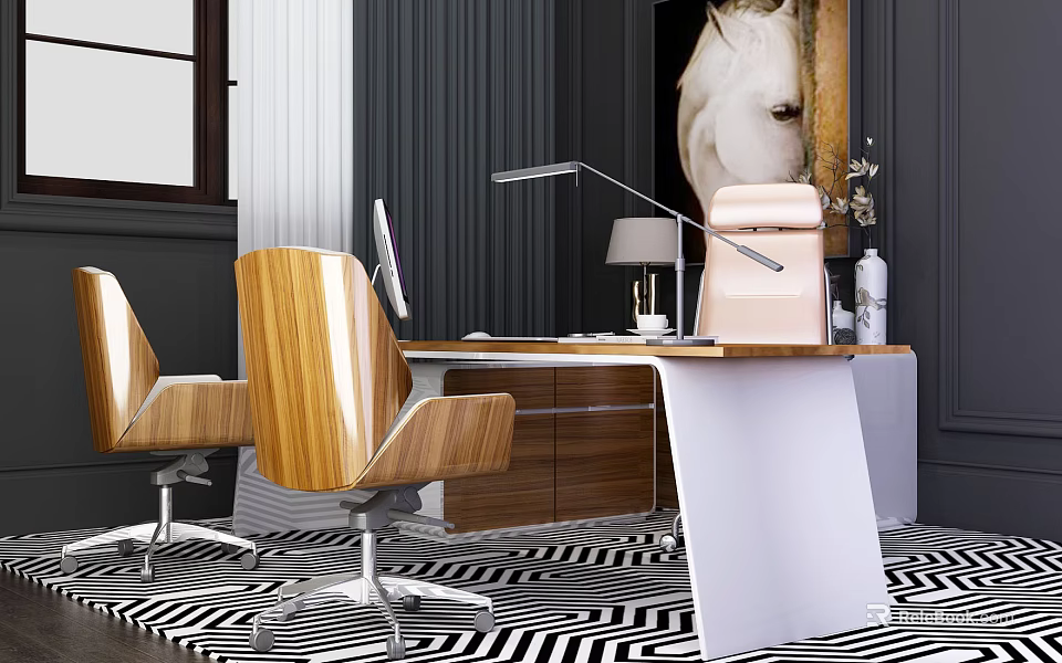 Modern Office Desk With Wooden Chairs Computer Monitor Table Lamp And Black White Striped Carpet 3d model 