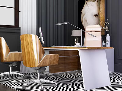 Modern Office Desk With Wooden Chairs Computer Monitor Table Lamp And Black White Striped Carpet 3d model