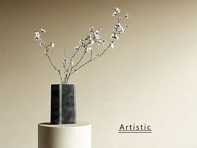 Artistic Black Square Vase With White Flower Blooms On Beige Background 3d model