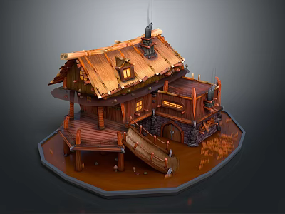 Cartoon Scene of Fairy Tale Wooden Cabin with Sloped Roof Chimney and Wooden Staircase Platform 3d model