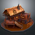 Cartoon Scene of Fairy Tale Wooden Cabin with Sloped Roof Chimney and Wooden Staircase Platform