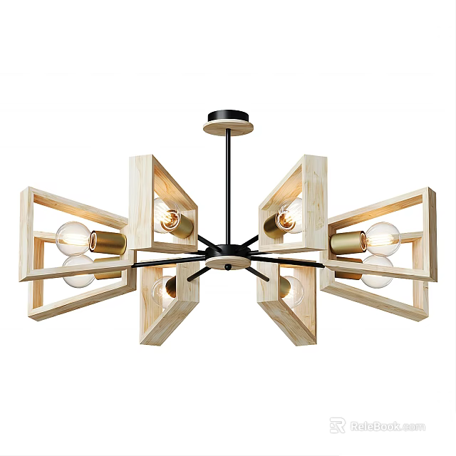 Modern Geometric Chandelier With Wooden Frame Multiple Arms And Exposed Bulbs 3d model 