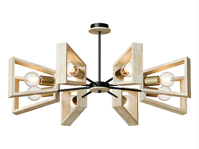 Modern Geometric Chandelier With Wooden Frame Multiple Arms And Exposed Bulbs 3d model