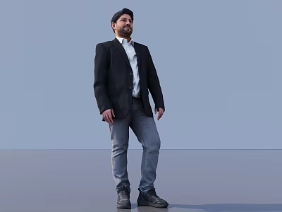 Man In Black Blazer White Shirt Gray Jeans Standing On Gray Floor Light Blue Background 3d model