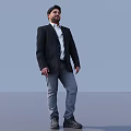 Man In Black Blazer White Shirt Gray Jeans Standing On Gray Floor Light Blue Background