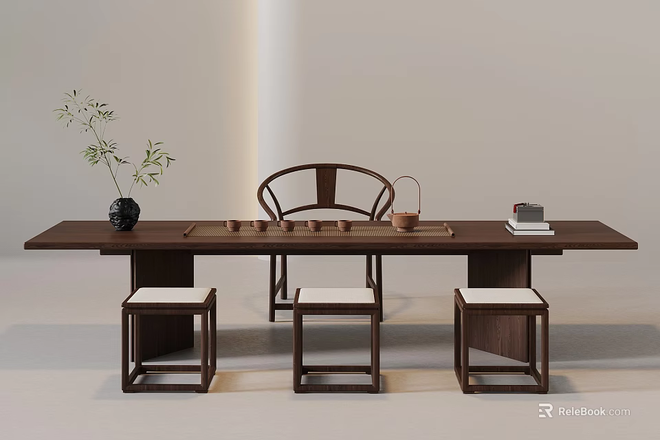 Minimalist Wooden Tea Table and Chairs with Tea Set Plant and Books 3d model 