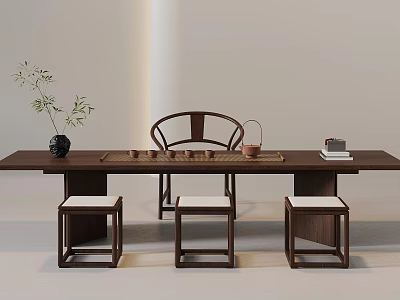 Minimalist Wooden Tea Table and Chairs with Tea Set Plant and Books 3d model