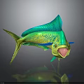 Vibrant Green And Yellow Mahi Mahi Fish With Open Mouth Blue Fins Dark Background Reflection
