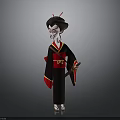 Cartoon Character In Traditional Black Red Kimono With Hair Accessories Holding Fan 3D Design