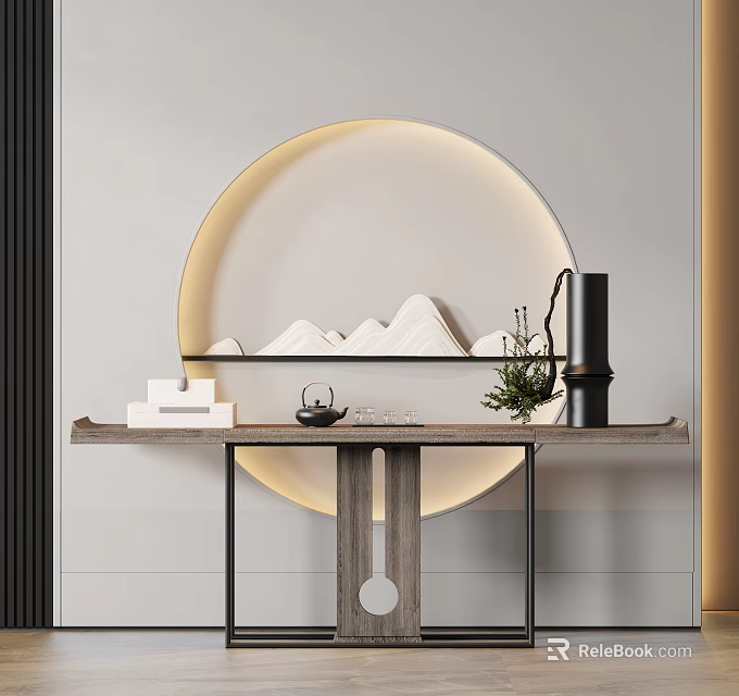 Console Table with Circular Backlit Panel Mountain Decor Green Plant and Tea Set 3d model