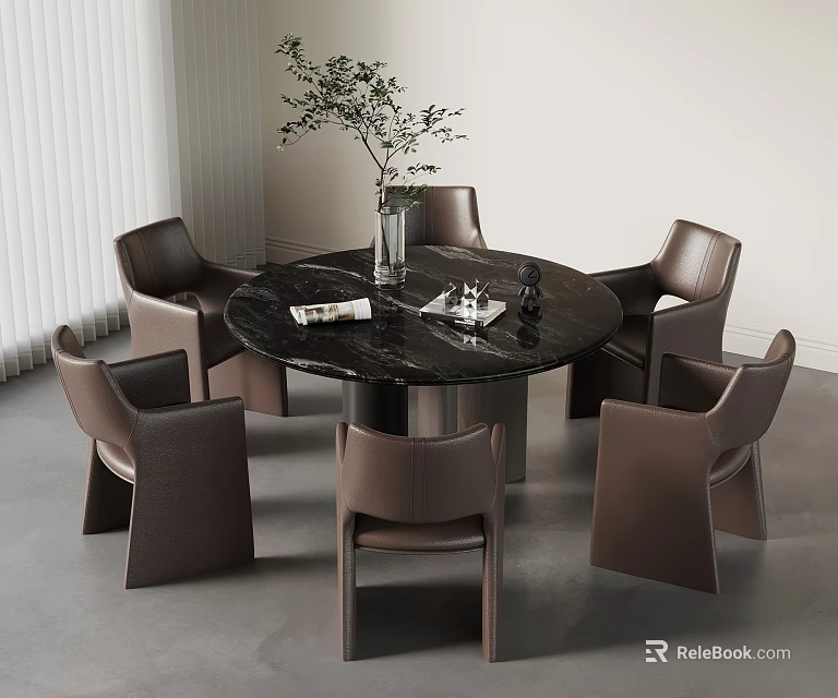 Round Black Marble Dining Table Set With Six Brown Leather Chairs And Green Plant Vase 3d model 