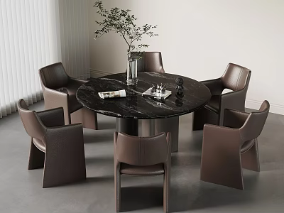 Round Black Marble Dining Table Set With Six Brown Leather Chairs And Green Plant Vase 3d model