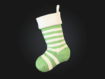 Green And White Striped Knitted Christmas Stocking With White Cuff For Holiday Decor 3d model