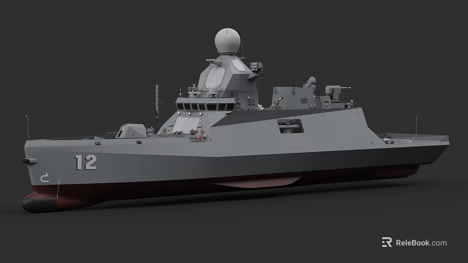 Gray Warship Number 12 Equipped with Radar and Antennas on Upper Deck 3d model 