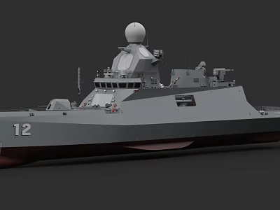 Gray Warship Number 12 Equipped with Radar and Antennas on Upper Deck 3d model