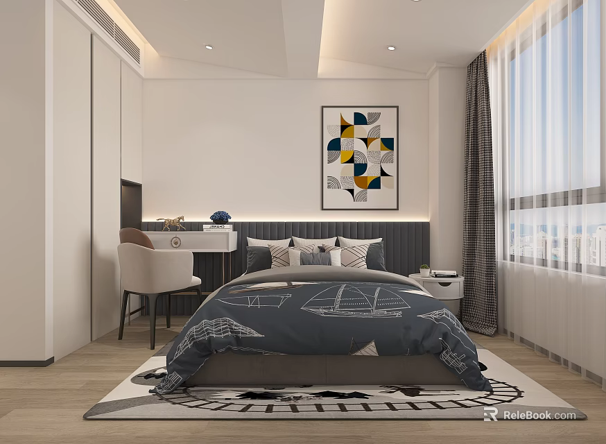 Kids Bedroom Interior With Geometric Wall Art Sailboat Bedding Study Desk Chair Curtains And Rug 3d model 