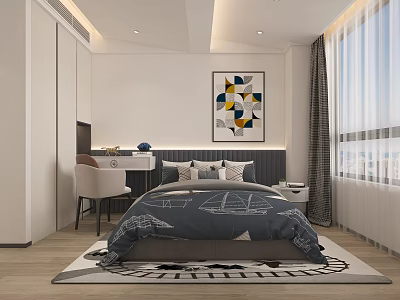 Kids Bedroom Interior With Geometric Wall Art Sailboat Bedding Study Desk Chair Curtains And Rug 3d model