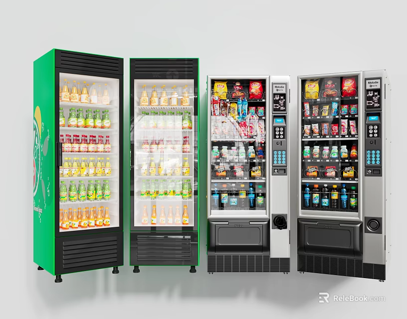 Commercial Beverage Refrigerators And Vending Machines With Green Double Door And Silver Automated Dispensing Units 3d model 