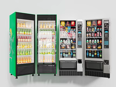Commercial Beverage Refrigerators And Vending Machines With Green Double Door And Silver Automated Dispensing Units 3d model