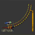 Roller Coaster Architectural Structure With Yellow Support Frame Red Track And Blue Carriage