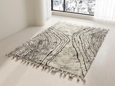 Black White Wavy Pattern Square Rug With Tassels In Bright Room Large Window City View 3d model