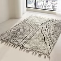 Black White Wavy Pattern Square Rug With Tassels In Bright Room Large Window City View
