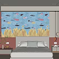 Bedroom Interior Design With Blue Wallpaper Colorful Fish Seagrass Patterns And Pink Headboard