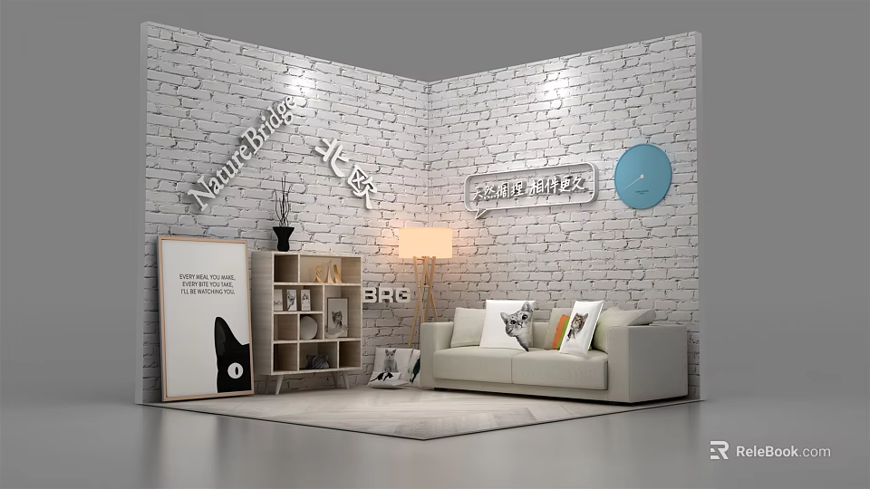 Modern Living Room With White Two Seater Sofa Colorful Cushions Bookshelf And Wall Decor 3d model 