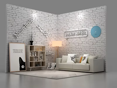 Modern Living Room With White Two Seater Sofa Colorful Cushions Bookshelf And Wall Decor 3d model