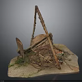 Rusted Metal Crane Arm With Coiled Ropes Wooden Planks On Mossy Ground