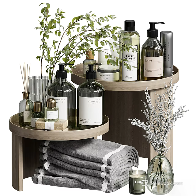 Elegant Tea Set Arranged on Wooden Tray with Green Plants and Stacked Towels 3d model 