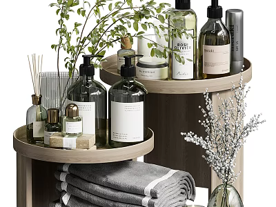 Elegant Tea Set Arranged on Wooden Tray with Green Plants and Stacked Towels 3d model