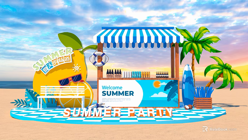 Summer Photo Check In Spot with Blue Striped Canopy Lemon Decor Surfboard and Palm Trees 3d model 