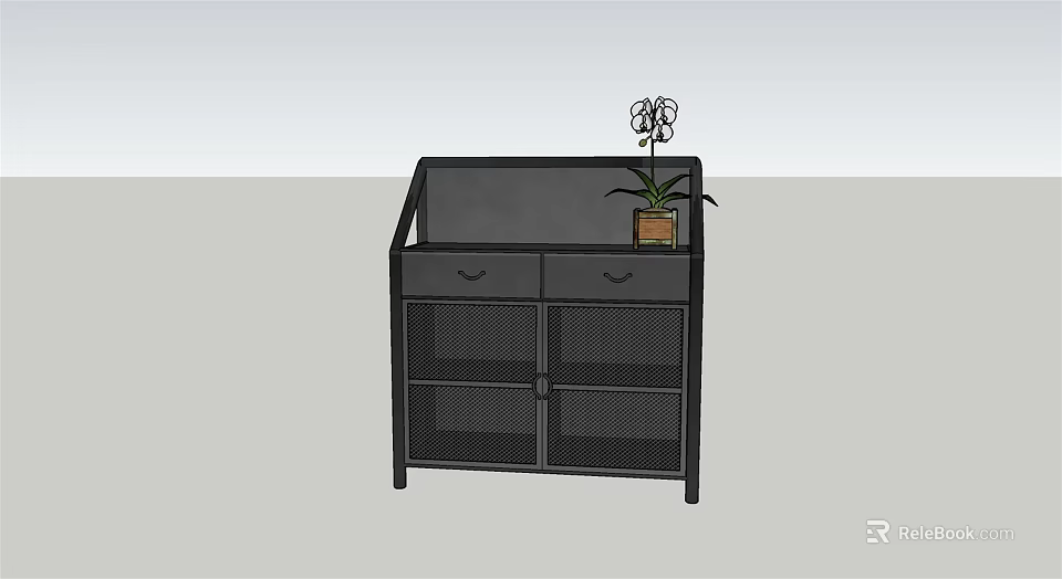 Black Sideboard With Drawers Mesh Doors And Potted Plant On Top 3d model 