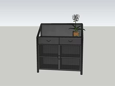 Black Sideboard With Drawers Mesh Doors And Potted Plant On Top 3d model