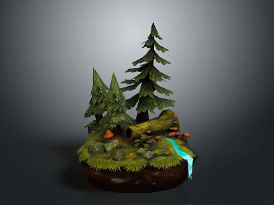 Mini Natural Forest Scene With Pine Trees Fallen Log Mushrooms Rocks And Waterfall 3d model