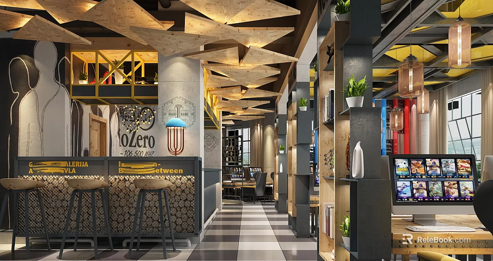 Modern Internet Cafe Interior Design With Unique Ceiling Bar Counter Green Plants And Computers 3d model 