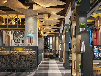 Modern Internet Cafe Interior Design With Unique Ceiling Bar Counter Green Plants And Computers 3d model
